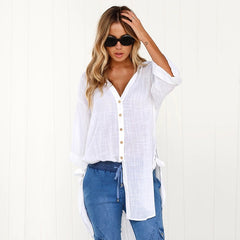 Plus Size V Neck Button Casual Long Sleeve Solid Shirts Mssza