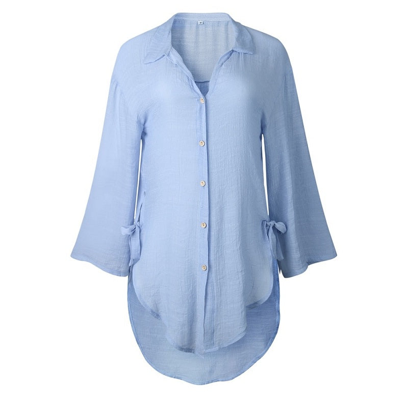 Plus Size V Neck Button Casual Long Sleeve Solid Shirts Mssza