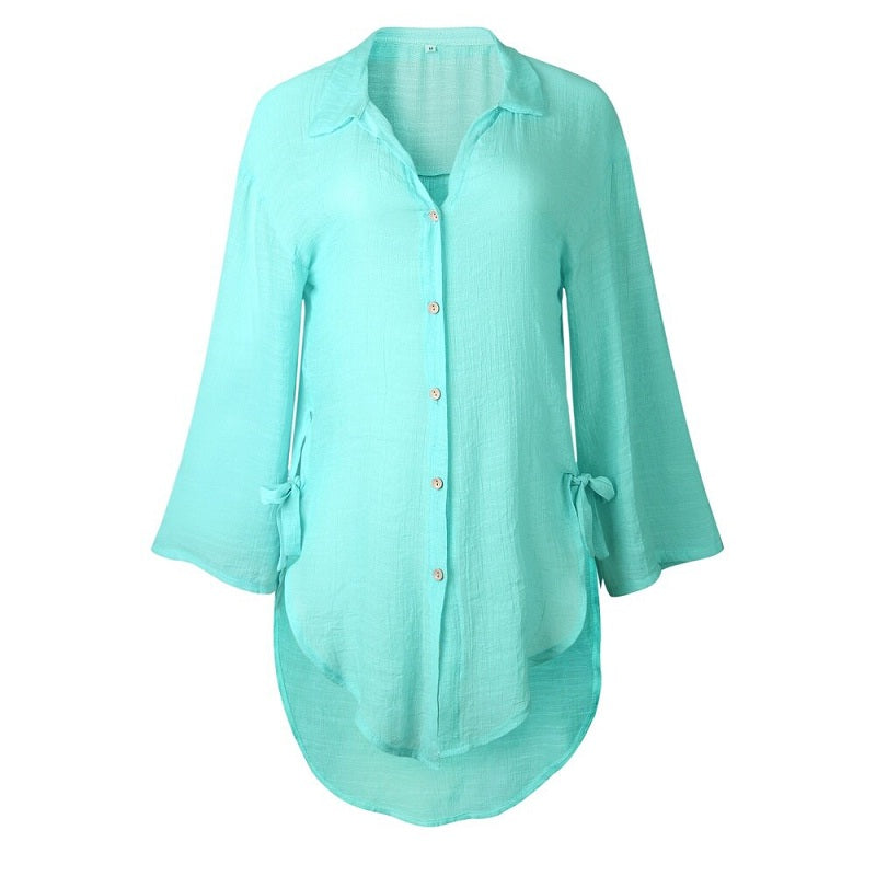 Plus Size V Neck Button Casual Long Sleeve Solid Shirts Mssza