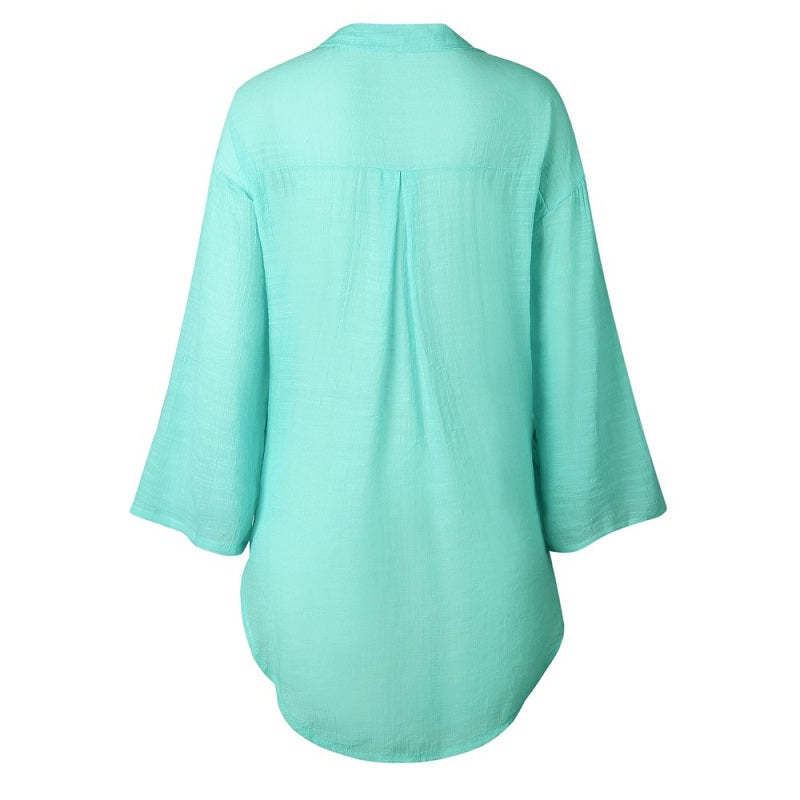 Plus Size V Neck Button Casual Long Sleeve Solid Shirts Mssza