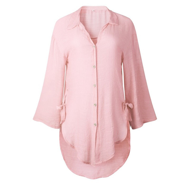 Plus Size V Neck Button Casual Long Sleeve Solid Shirts Mssza