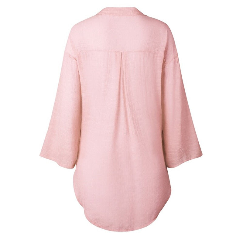 Plus Size V Neck Button Casual Long Sleeve Solid Shirts Mssza