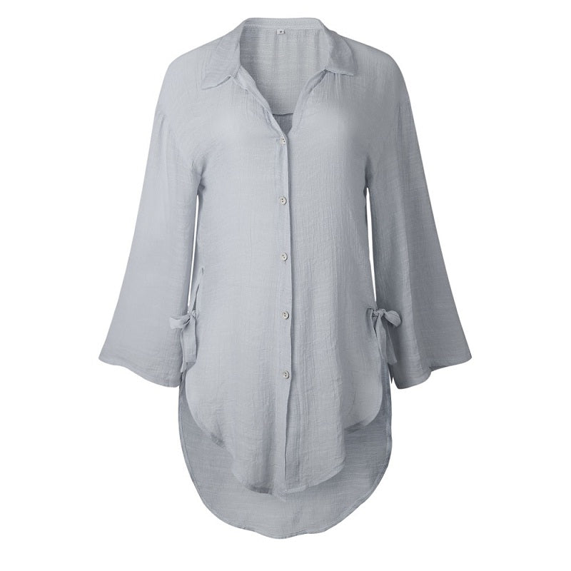 Plus Size V Neck Button Casual Long Sleeve Solid Shirts Mssza
