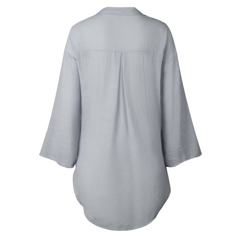 Plus Size V Neck Button Casual Long Sleeve Solid Shirts Mssza