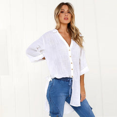 Plus Size V Neck Button Casual Long Sleeve Solid Shirts Mssza