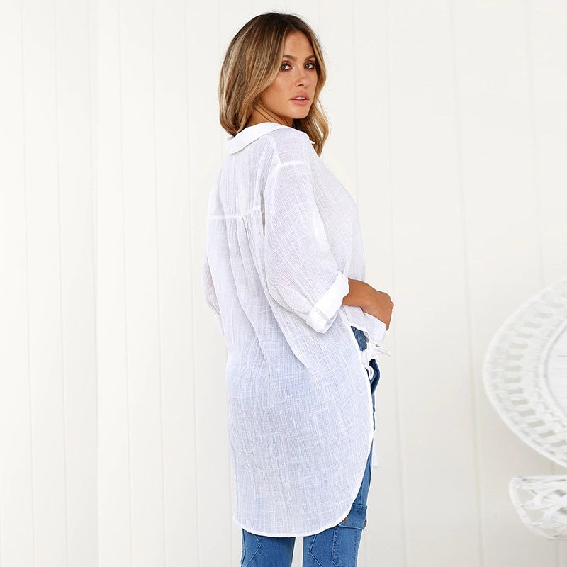 Plus Size V Neck Button Casual Long Sleeve Solid Shirts Mssza