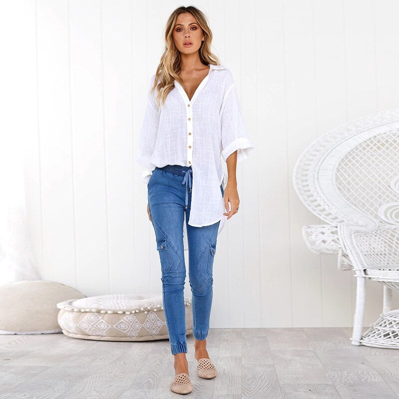 Plus Size V Neck Button Casual Long Sleeve Solid Shirts Mssza