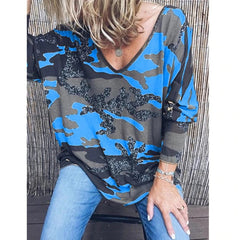 Plus Size V-neck Long Sleeve Printed Streetwear Blouse Mssza