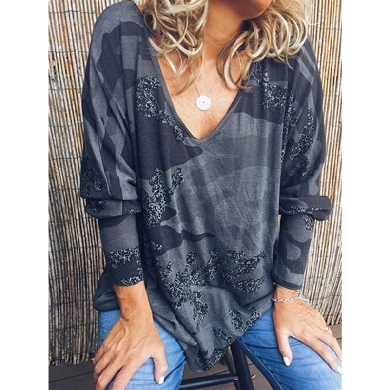 Plus Size V-neck Long Sleeve Printed Streetwear Blouse Mssza