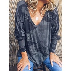 Plus Size V-neck Long Sleeve Printed Streetwear Blouse Mssza