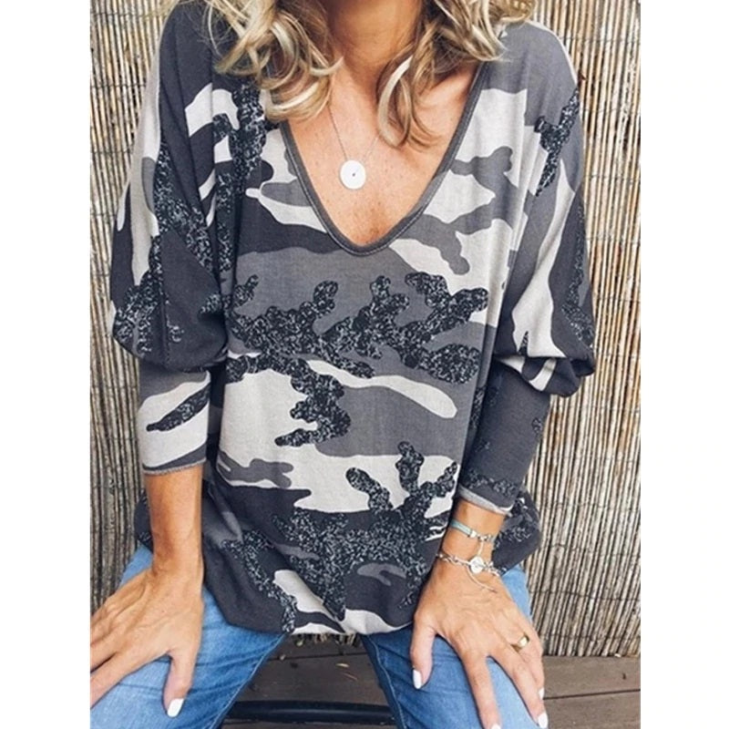 Plus Size V-neck Long Sleeve Printed Streetwear Blouse Mssza