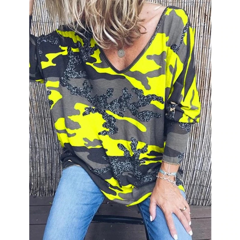 Plus Size V-neck Long Sleeve Printed Streetwear Blouse Mssza