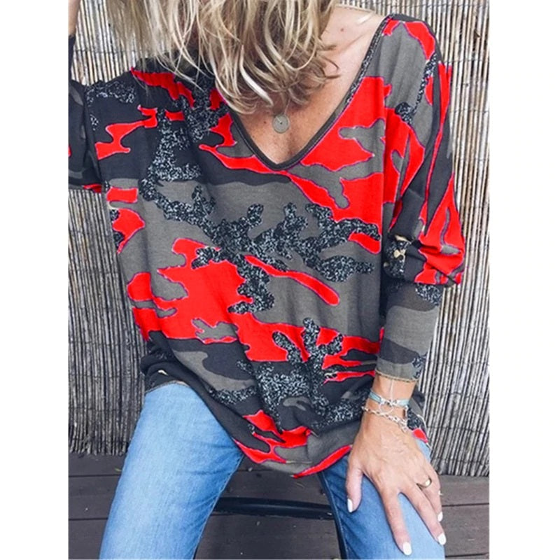 Plus Size V-neck Long Sleeve Printed Streetwear Blouse Mssza