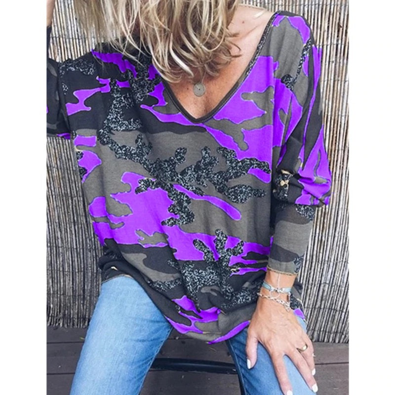 Plus Size V-neck Long Sleeve Printed Streetwear Blouse Mssza