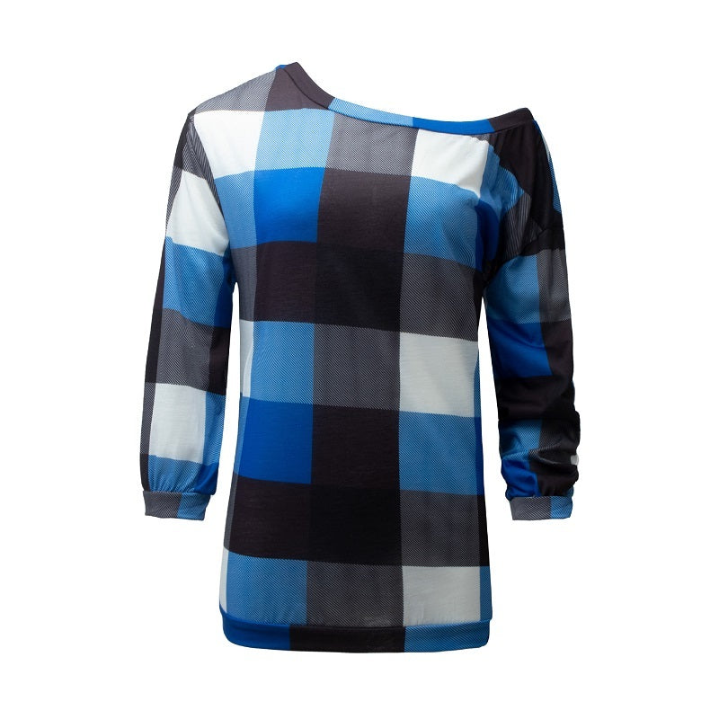 Plus Size Plaid Long Sleeve Off Shoulder Loose Office Ladies Blouse Mssza