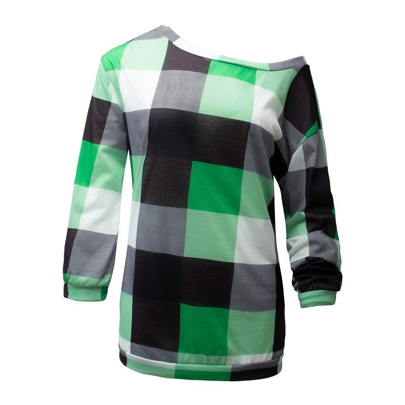 Plus Size Plaid Long Sleeve Off Shoulder Loose Office Ladies Blouse Mssza