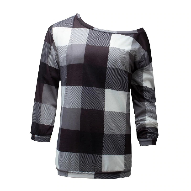 Plus Size Plaid Long Sleeve Off Shoulder Loose Office Ladies Blouse Mssza