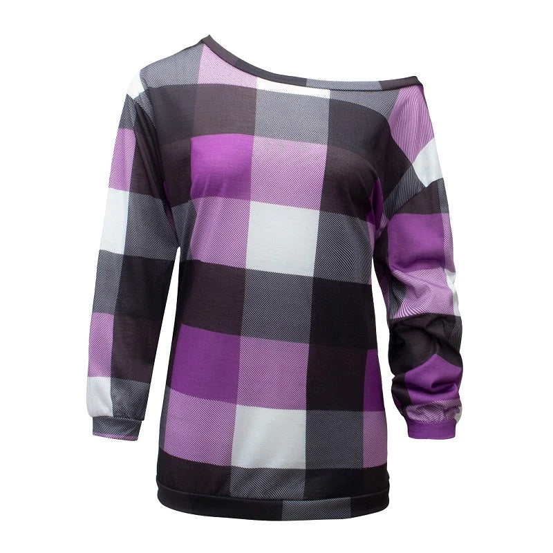 Plus Size Plaid Long Sleeve Off Shoulder Loose Office Ladies Blouse Mssza