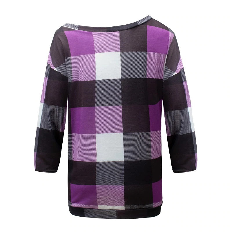 Plus Size Plaid Long Sleeve Off Shoulder Loose Office Ladies Blouse Mssza