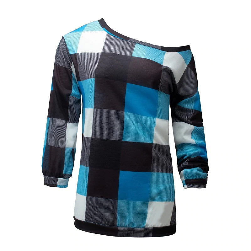 Plus Size Plaid Long Sleeve Off Shoulder Loose Office Ladies Blouse Mssza