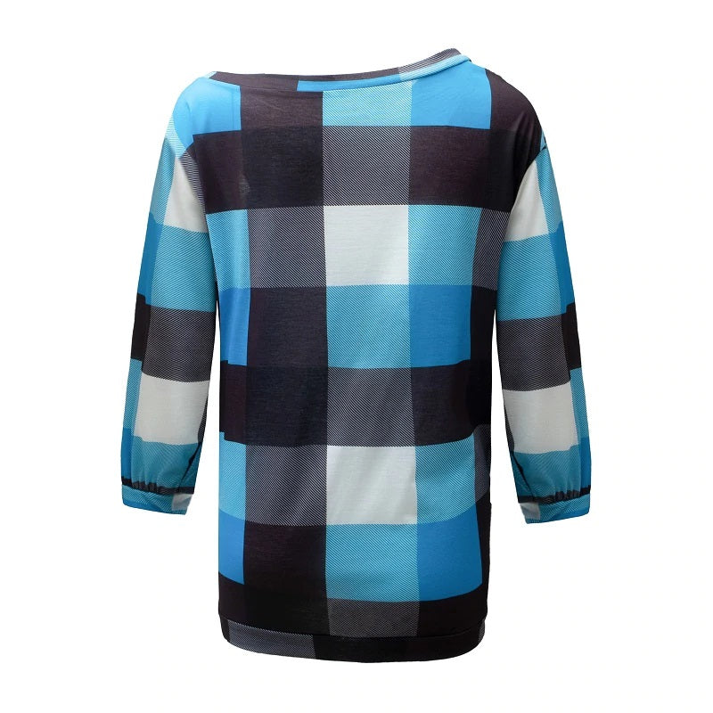 Plus Size Plaid Long Sleeve Off Shoulder Loose Office Ladies Blouse Mssza