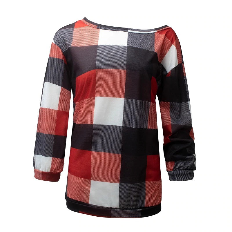 Plus Size Plaid Long Sleeve Off Shoulder Loose Office Ladies Blouse Mssza
