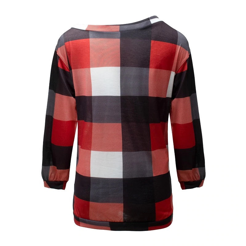 Plus Size Plaid Long Sleeve Off Shoulder Loose Office Ladies Blouse Mssza