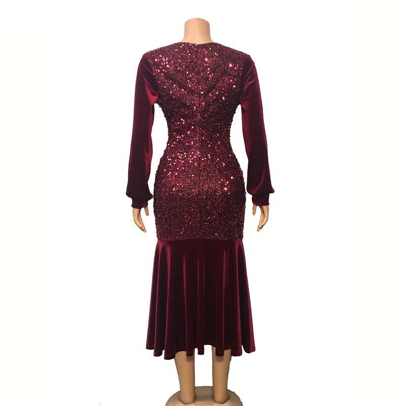 Plus Size Wine Red Velvet Sequin Dress Mssaz Desses