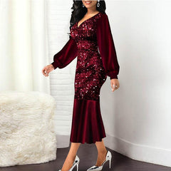 Plus Size Wine Red Velvet Sequin Dress Mssaz Desses