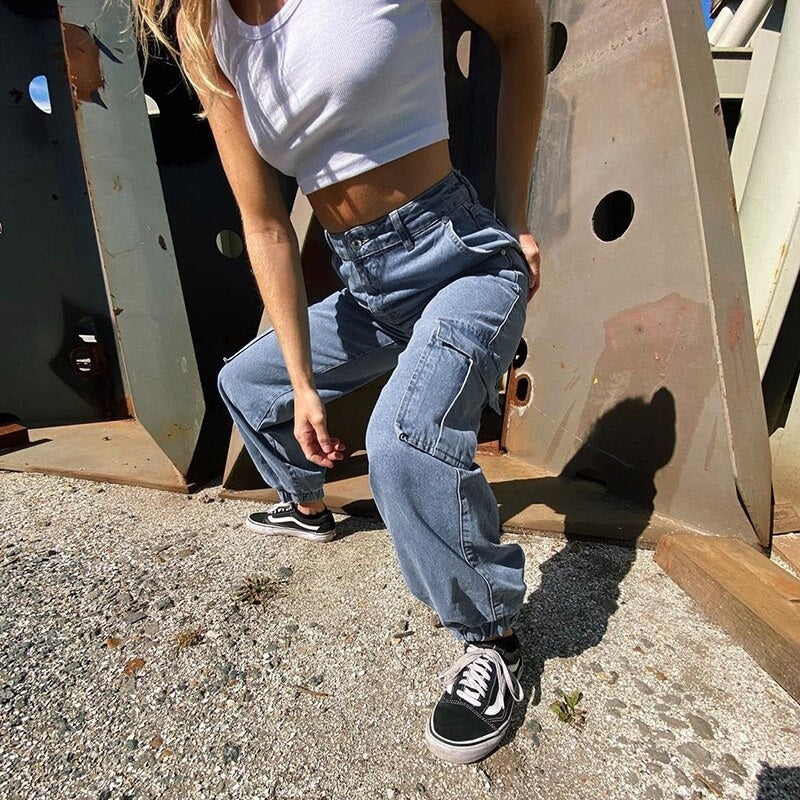 Pockets Patchwork High Waist Jeans Denim Vintage Pants Mssza