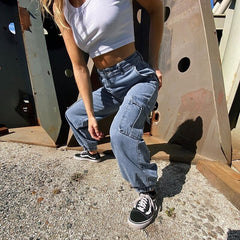 Pockets Patchwork High Waist Jeans Denim Vintage Pants Mssza
