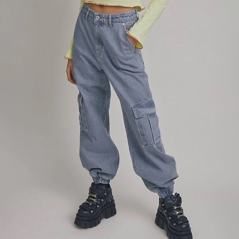Pockets Patchwork High Waist Jeans Denim Vintage Pants Mssza