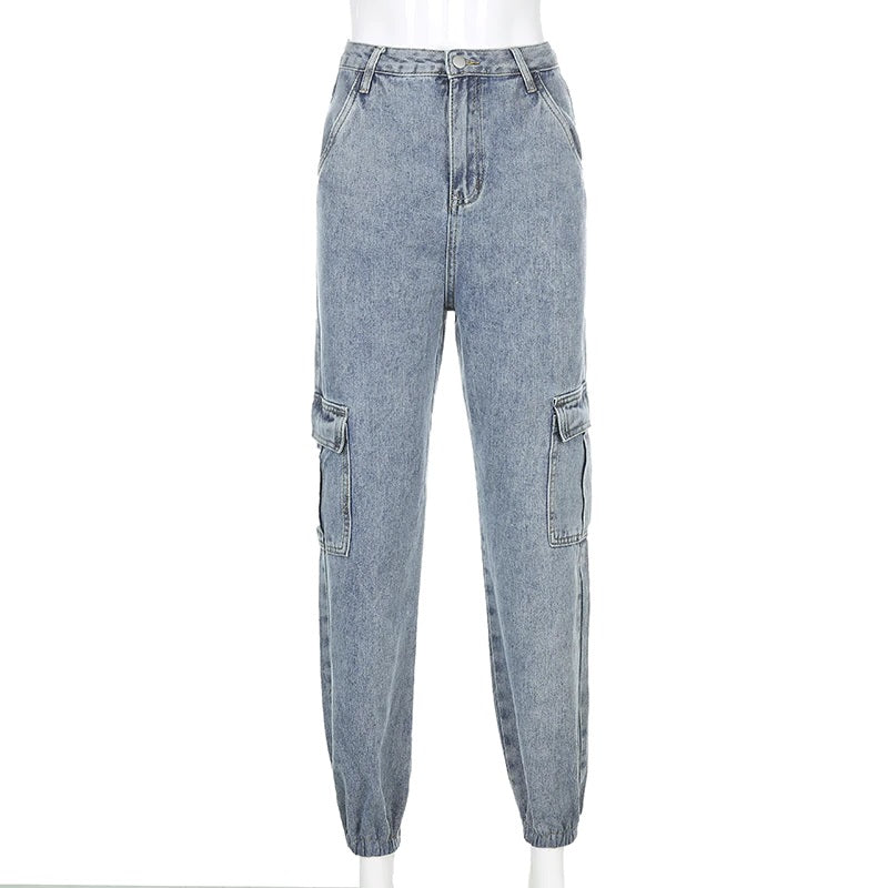 Pockets Patchwork High Waist Jeans Denim Vintage Pants Mssza