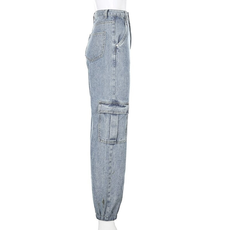 Pockets Patchwork High Waist Jeans Denim Vintage Pants Mssza