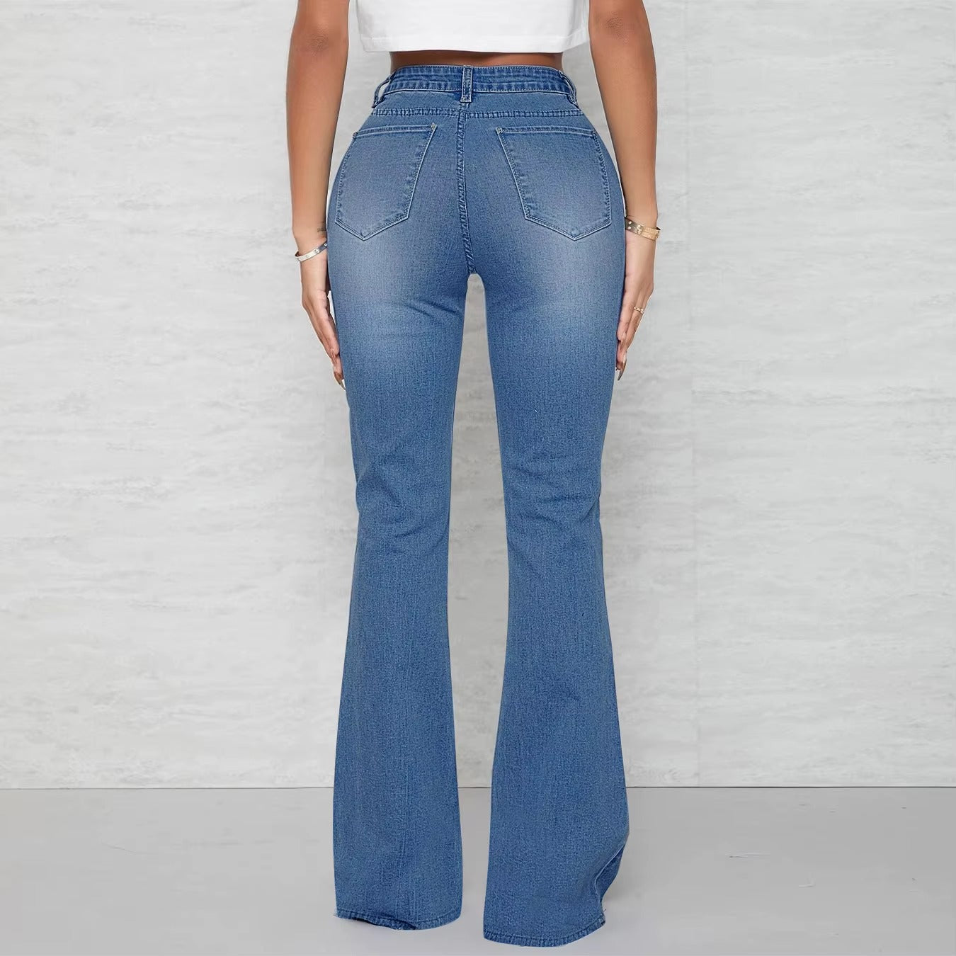 Pockets Zipper Fly Washed Denim High Waist Full Length Loose Flare Pants Jean Mssza