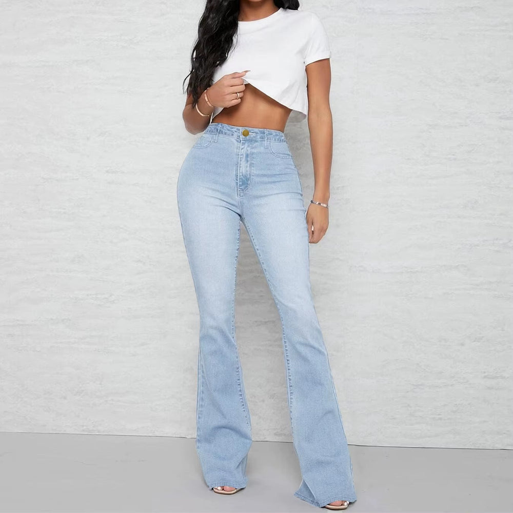 Pockets Zipper Fly Washed Denim High Waist Full Length Loose Flare Pants Jean Mssza