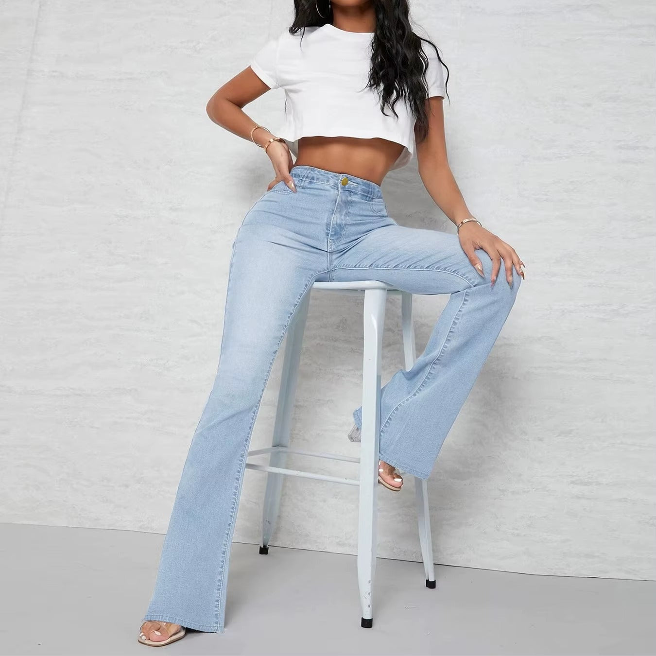 Pockets Zipper Fly Washed Denim High Waist Full Length Loose Flare Pants Jean Mssza