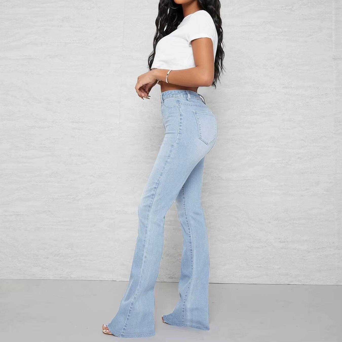 Pockets Zipper Fly Washed Denim High Waist Full Length Loose Flare Pants Jean Mssza
