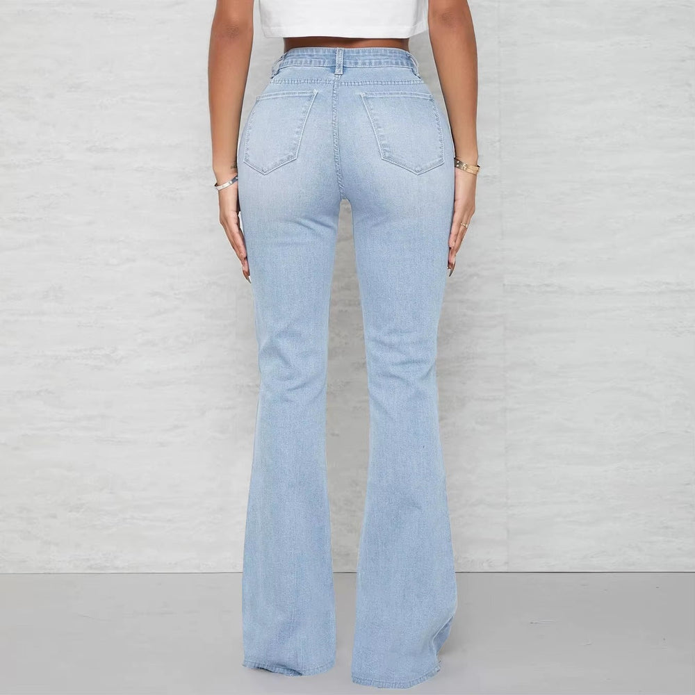 Pockets Zipper Fly Washed Denim High Waist Full Length Loose Flare Pants Jean Mssza