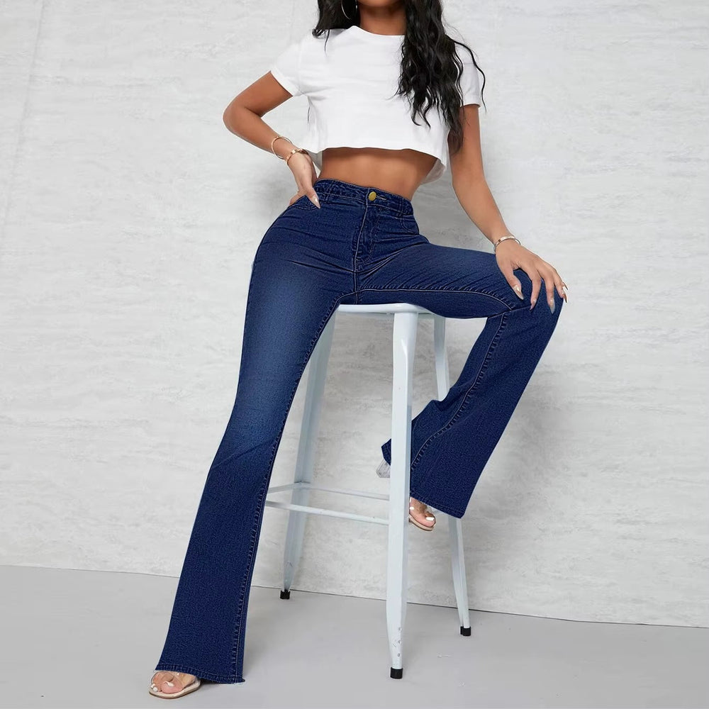 Pockets Zipper Fly Washed Denim High Waist Full Length Loose Flare Pants Jean Mssza