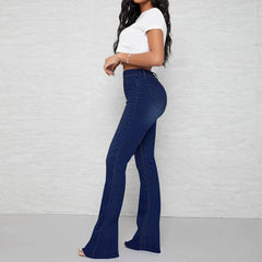 Pockets Zipper Fly Washed Denim High Waist Full Length Loose Flare Pants Jean Mssza