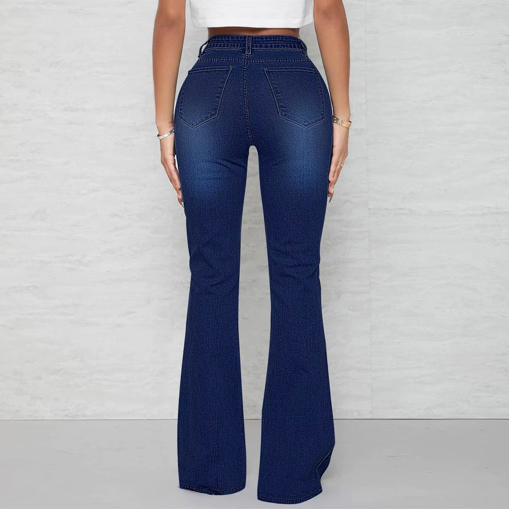 Pockets Zipper Fly Washed Denim High Waist Full Length Loose Flare Pants Jean Mssza