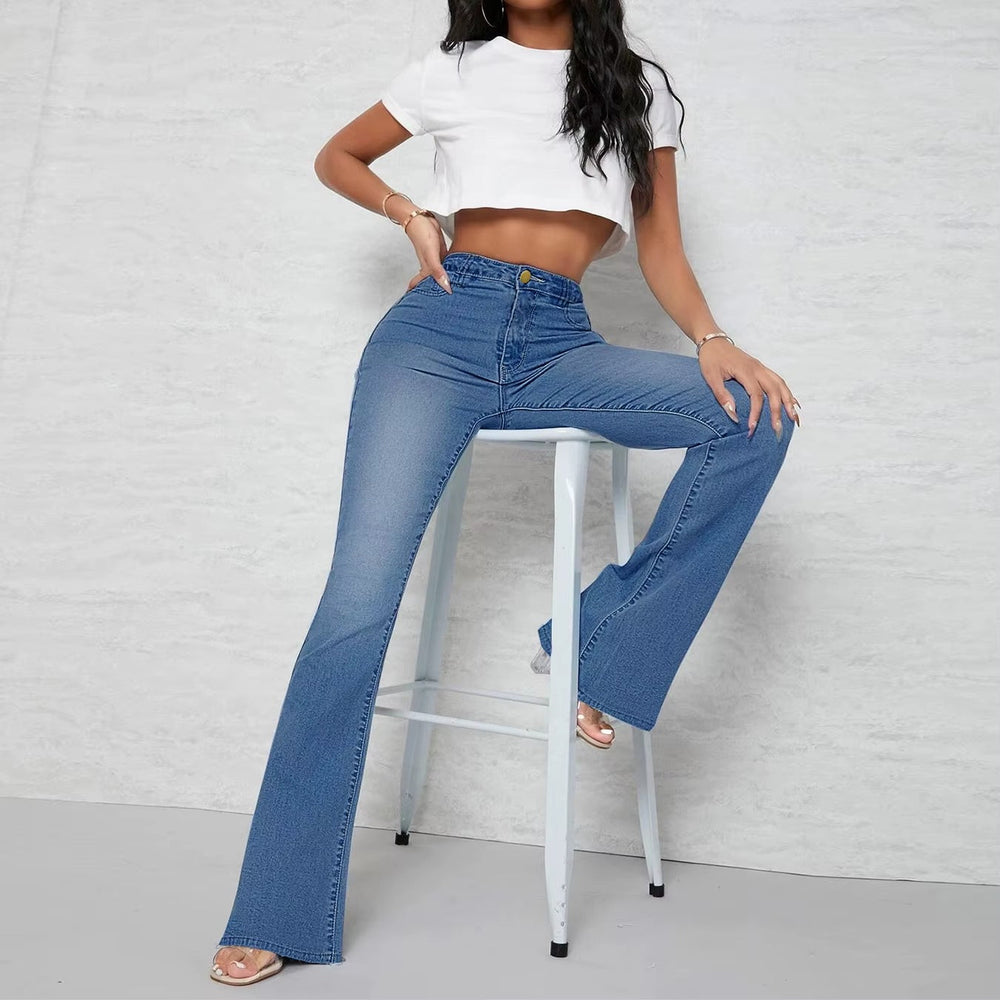 Pockets Zipper Fly Washed Denim High Waist Full Length Loose Flare Pants Jean Mssza