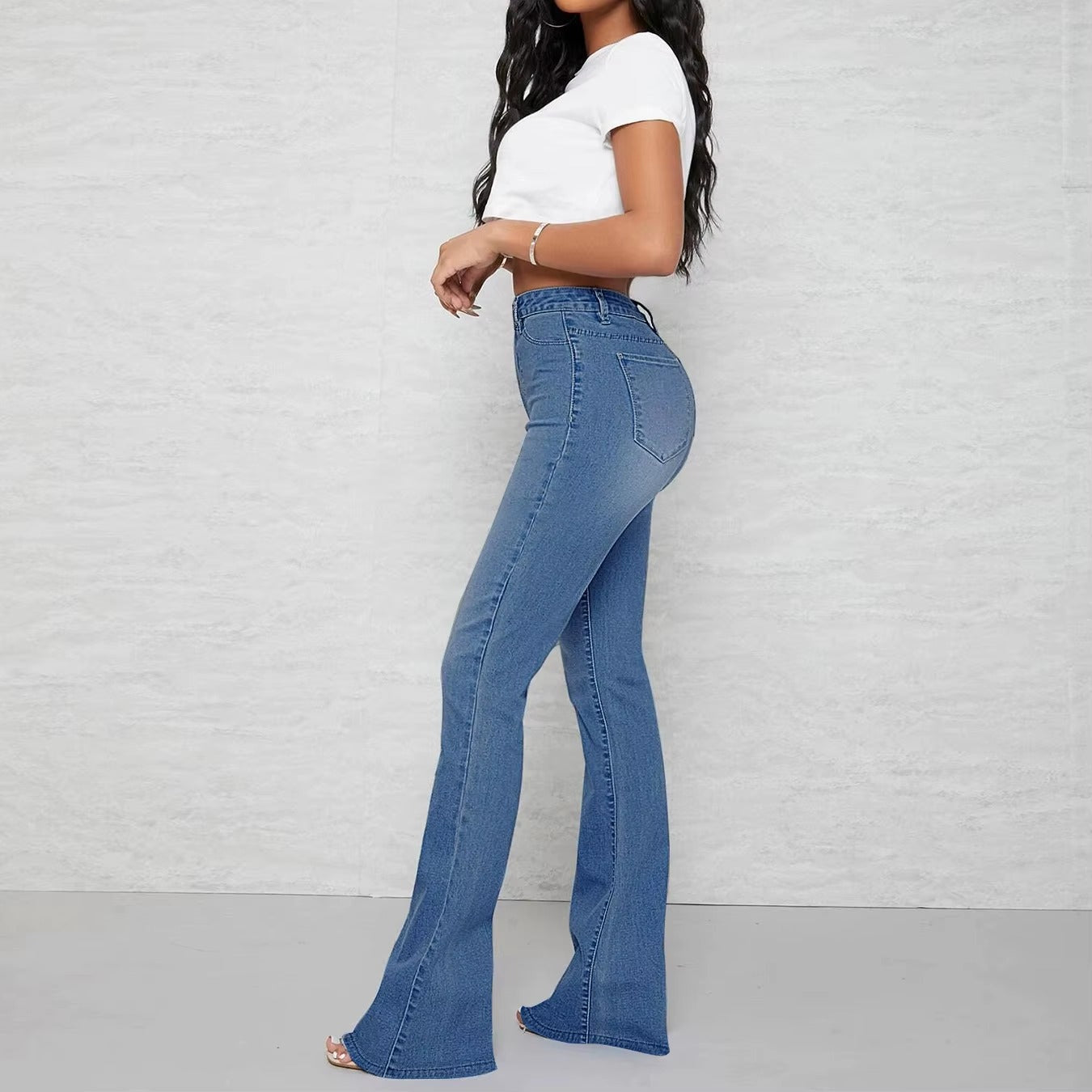 Pockets Zipper Fly Washed Denim High Waist Full Length Loose Flare Pants Jean Mssza