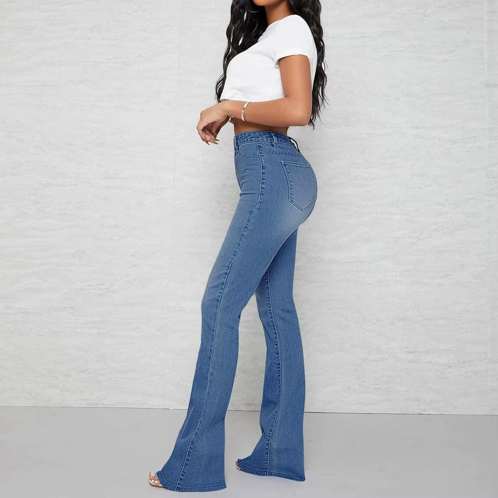Pockets Zipper Fly Washed Denim High Waist Full Length Loose Flare Pants Jean Mssza