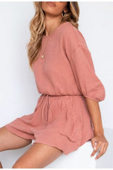 Pockets elastic waist lace up button slim suit sets Mssza