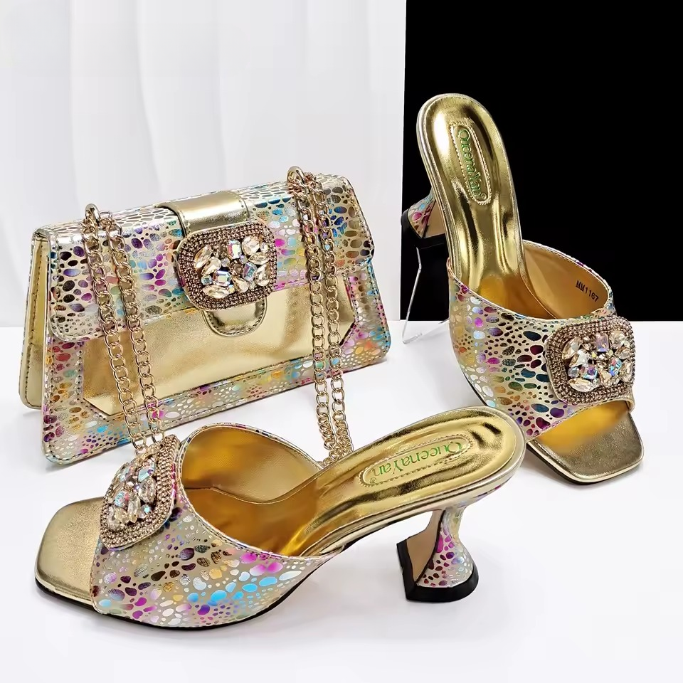 Square Toe Sandals With Matching Handbag Set Perfect for Weddings and Parties Mssza