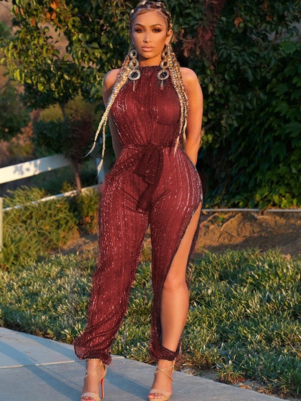 Pole Dancing Jumpsuit Halter Sheer Clubwear Mssza