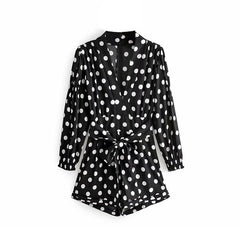 Polka Dot Playsuits Bow Tie Puff Long Sleeve Jumpsuit Mssza