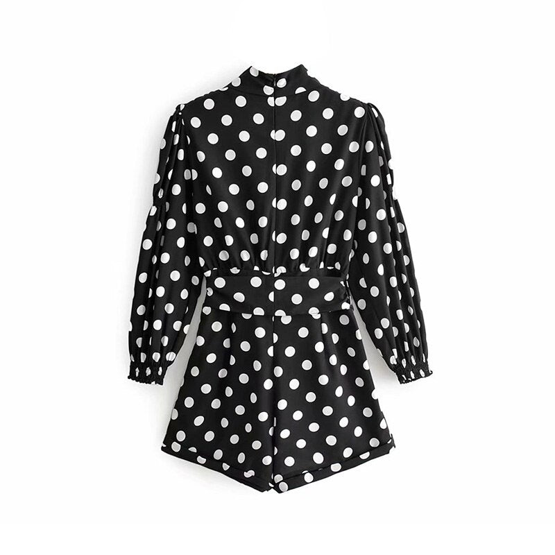 Polka Dot Playsuits Bow Tie Puff Long Sleeve Jumpsuit Mssza